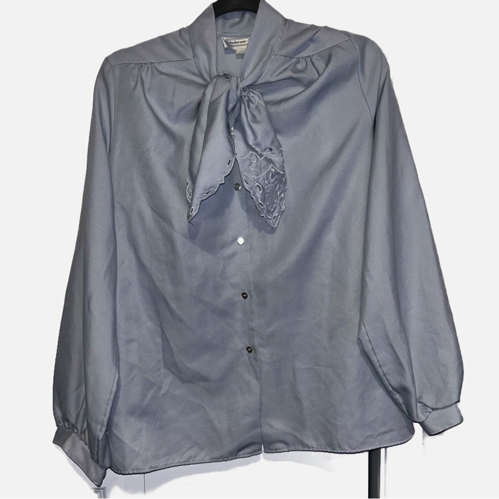 Vintage Anderson-Little Baby Blue Bishop Sleeve Button Blouse W/ Collar Bow